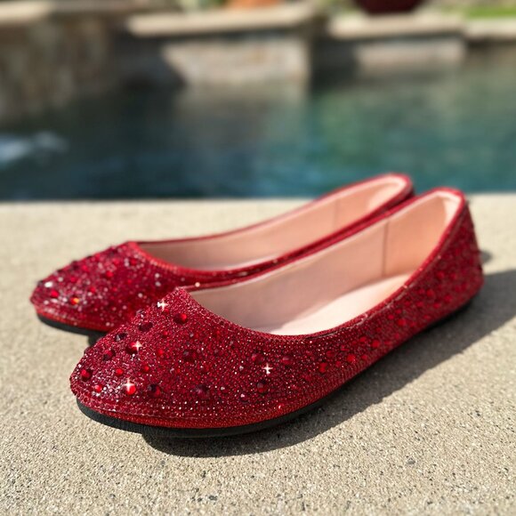 Shoes - New Red Round Toe Rhinestone Crystal Embellished Ballet Flat Shoes Ballerina